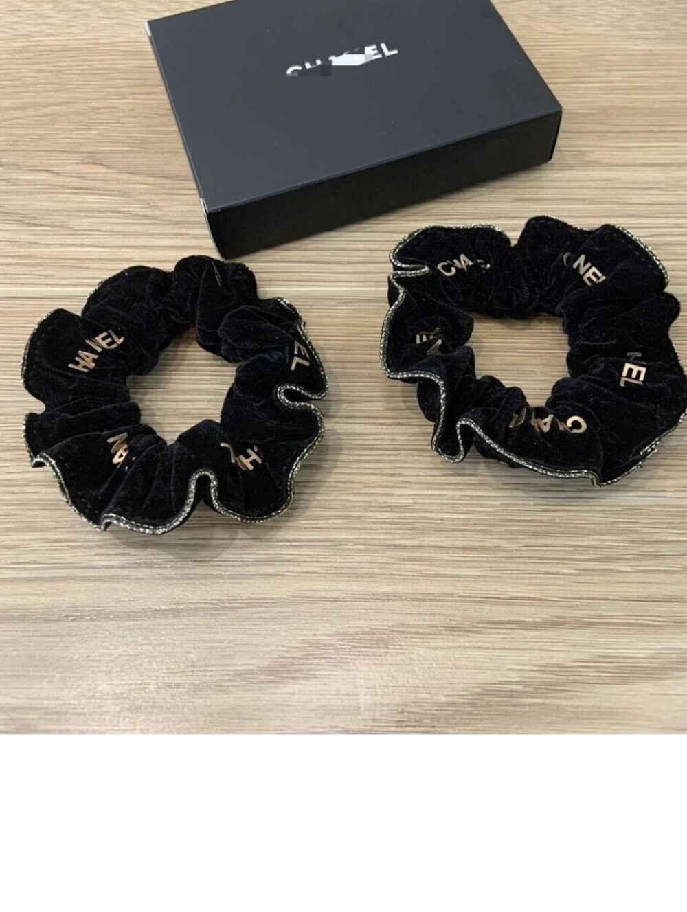 CHANEL Beautè VIP Black Velvet Scrunchie Duo with Gold Accents & Gift Box